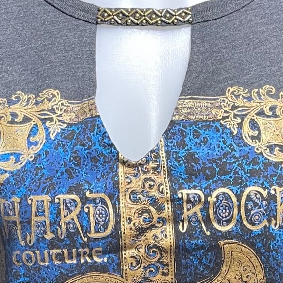 Hard Rock Cafe Anchorage Gray Vneck with Necklace Gold Owl on a Guitar Sz L - Picture 4 of 4